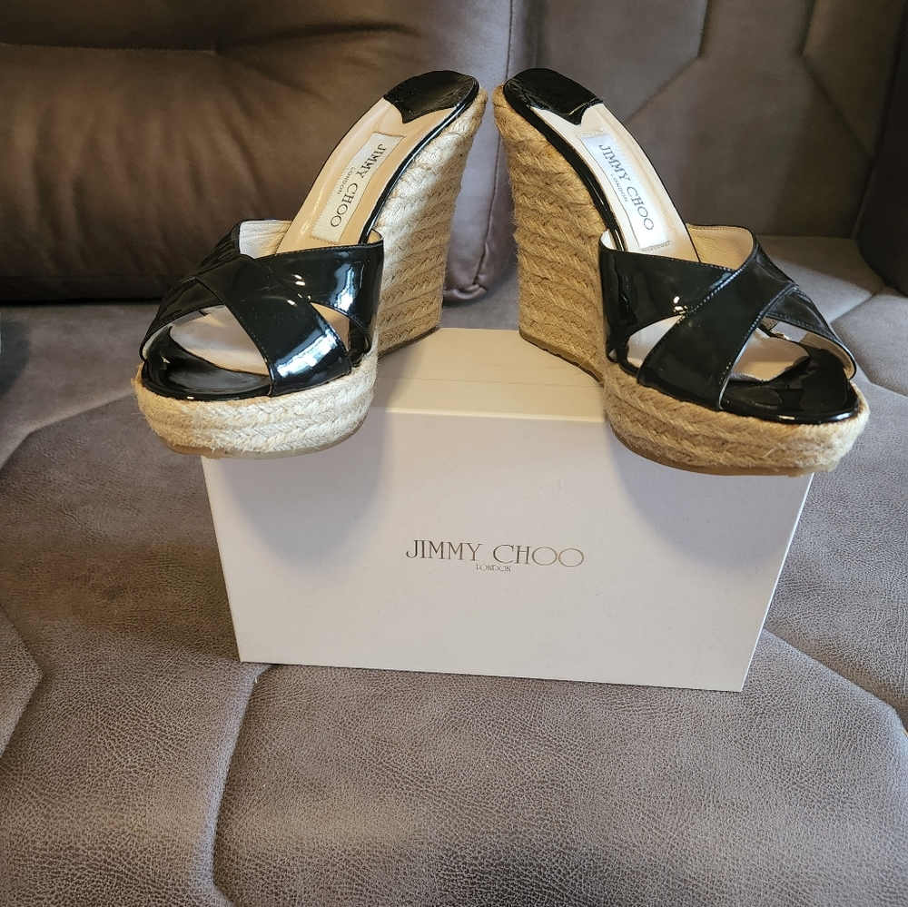 Jimmy Choo Patent Leather Slide-On Espadrille Wedge Heels EU Size 38